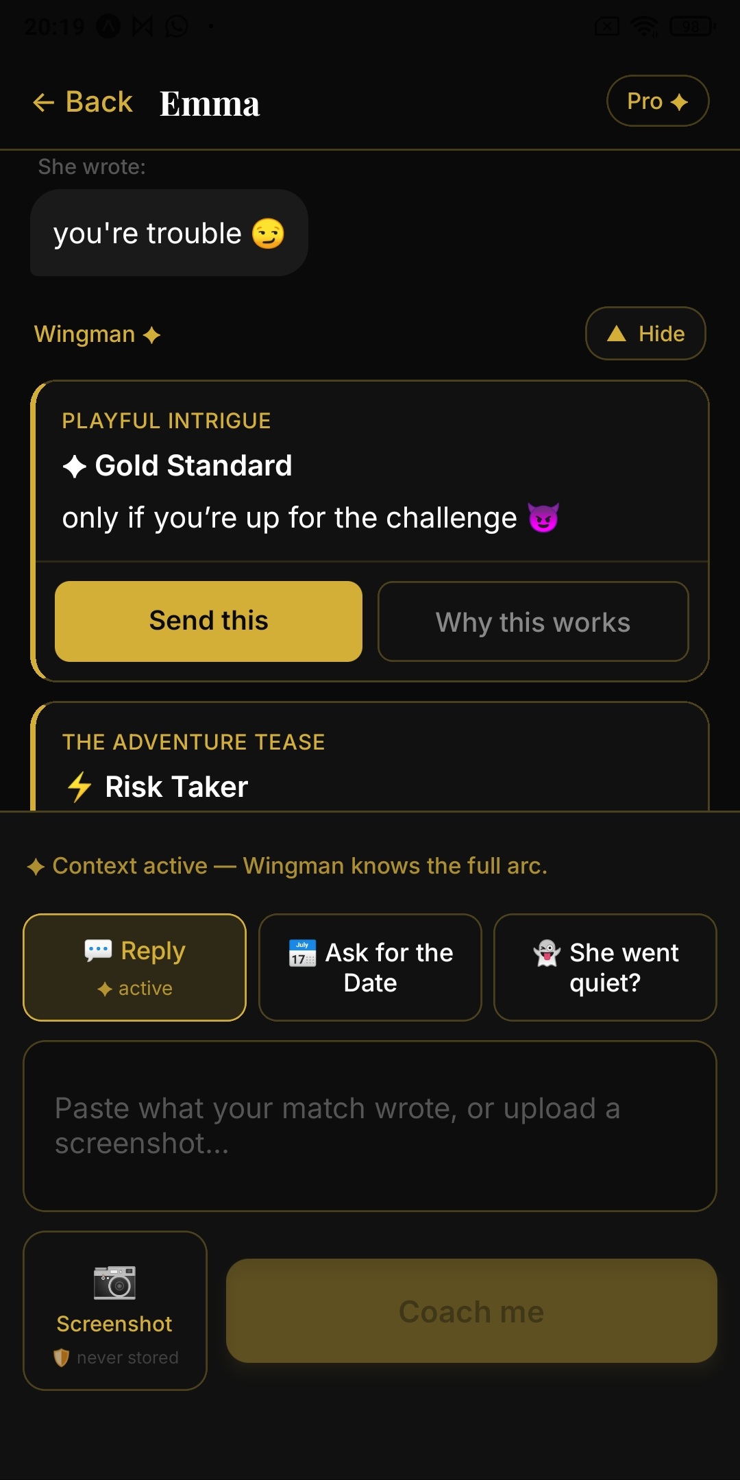 GoldWingman AI suggestions — Gold Standard and Risk Taker replies